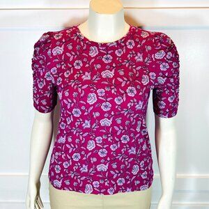 LOFT Blouse Womens M Purple Floral Chintz Short Puff Ruched Sleeves Round Neck